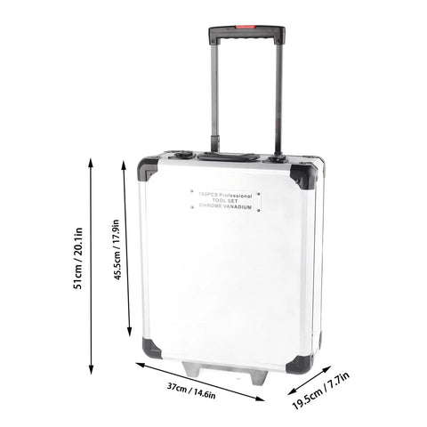 Trolley case for Versatile Professional Repair Tool Kit With Vanadium Steel Complete Set shown with dimensions