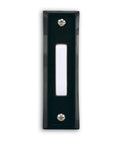 Front view of black wired push doorbell button for outdoor use, easy surface mount installation, classic rectangular design.