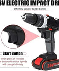 36V Electric Impact Drill showing infinitely variable speed switch and start button for precise control.