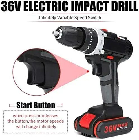 36V Electric Impact Drill showing infinitely variable speed switch and start button for precise control.