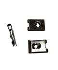10 Screw Size U Style Clip On Nut Set For Edge Panel Mounting In Black Galvanized Spring Steel U Type Fasteners 25 Pcs Compatible With Tapping Screws And Thick Panels For Durable Secure Installations, showing side and front view of nuts.