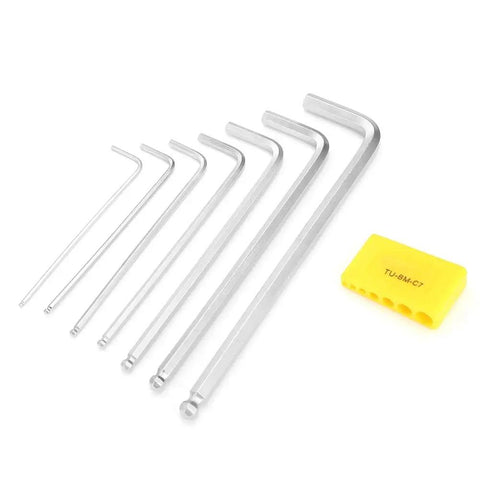 Top Tier 7 Piece Ball End Hex Key Wrench Kit Made From Chrome Vanadium Steel For Heavy Duty Jobs, Pros And DIY Rockstars Needing Extended L Shaped Tools For Garage Repair And Engineering Projects. 7-piece chrome vanadium ball end hex key set with holder