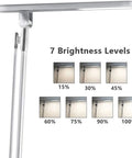 Foldable LED Desk Lamp With 36 LEDs 14W Power 7 Dimming Levels And 4 Lighting Modes Touch Control 1 Hour Auto Timer USB Charging Port Adjustable Arm For Reading Studying And Relaxing Silver Finish showing brightness levels