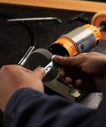 Person using adjustable speed polishing machine for jewelry, woodworking, and DIY, featuring smooth bearings and dust proof motor.