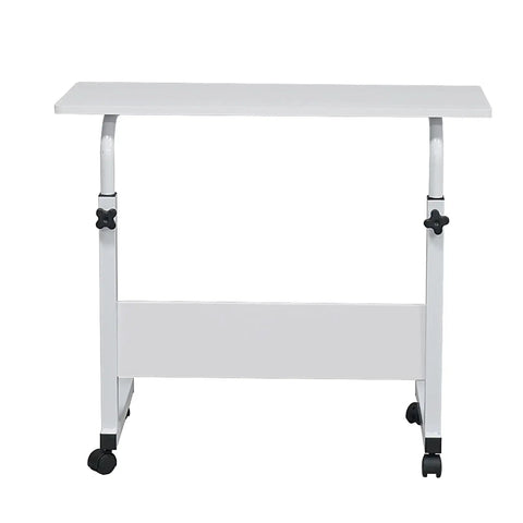 Adjustable standing computer desk with white chipboard top and smooth locking wheels, perfect for cozy living room setups. Kick Back And Crush Your Daily Grind With This Adjustable Standing Computer Desk Featuring Smooth Locking Wheels And A Foldable Rolling Laptop Table Built For Cozy Living Room Setups.