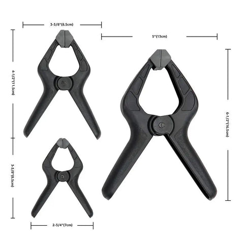 14 Piece Nylon Spring Clamp Set For Photography, Woodworking And Crafts, showing various clamp sizes, black and grey