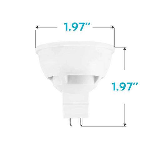 MR16 LED Bulb 50W Equivalent 12V 3000K Soft White Dimmable Spotlight side view with 1.97 inch dimensions, GU5.3 Base
