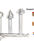 Precision Tuned Six Piece CNC Lettering Router Bit Set Packing Dead Nuts Accurate 1/4 Inch Shanks, solid carbide bits for various materials.