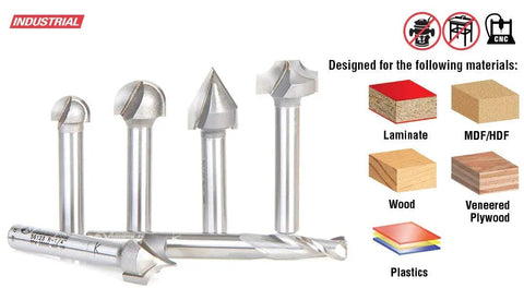 Precision Tuned Six Piece CNC Lettering Router Bit Set Packing Dead Nuts Accurate 1/4 Inch Shanks, solid carbide bits for various materials.