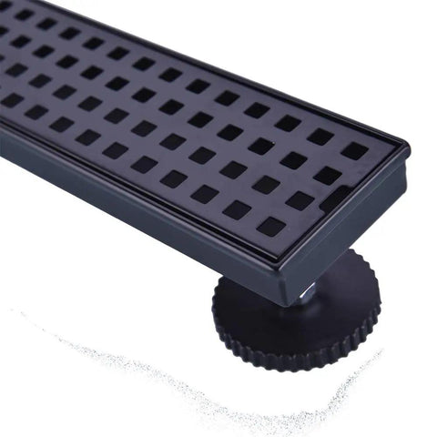 Close-up of Linear Shower Drain 24 Inch For Bathroom With Removable Cover Grid Grate Stainless Steel SUS304 Trench Drain Black Finish