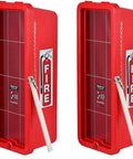 3 Pack White Surface Mounted Fire Extinguisher Cabinet with Hammer Attachment for 5 lb Extinguisher Outdoor Weatherproof Lock Box Tough as Nails Baked on White Dent Proof Heavy Duty Metal Cover for Garage Shed or Property Safety Made In USA side view of red fire extinguisher cabinets with hammer.