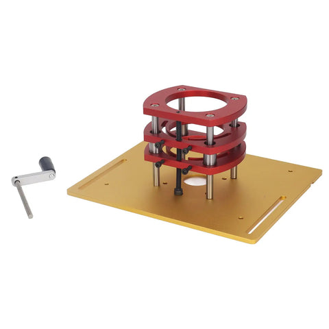 Built Tough Manual Lift Router Mount Kit For Woodworking Benches with stainless steel base plate and grip tight clamping.