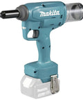 Heavy Duty Brushless Rivet Gun 18V Cordless Power Tool Built For Tight Squeeze Jobs and Close Wall Riveting angled view with battery.