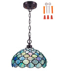 Sea Blue Pearl Tiffany Style Stained Glass Pendant Light With Swag Chain Ceiling Fixture 12 Inch By 12 Inch By 34 Inch for home decor