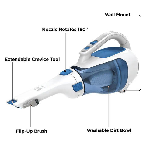 Slick Cordless Dustbuster Handheld Car Vacuum 12V with Rotating and Extendable Nozzle Slim Crevice Tool Cyclonic Suction Bagless Dirt Bowl