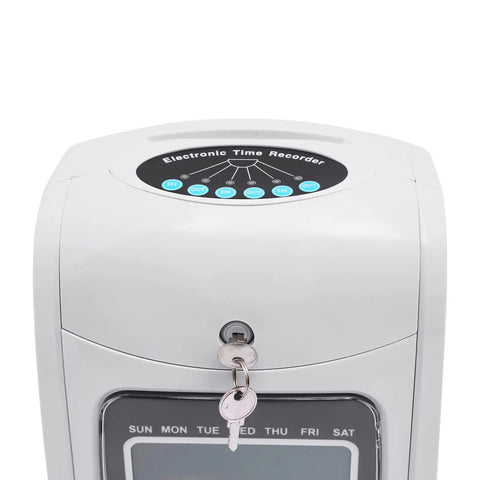 Built Tough Wall Mount Or Desk Time Clock Bundle With Bright Lcd Screen top view showing time recorder keys and display.