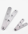 Massive 4 Piece Stainless Steel Concealed Door Pivot Hinges Packed With Smooth 360 Rotating Swivel Mechanisms Built Like A Tank For Rock Solid Cabinet And Shelving. Two sizes of stainless steel pivot hinges showcasing holes for installation.