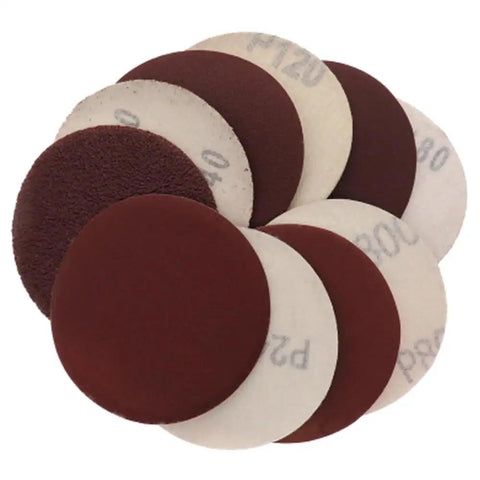 Get Your Tools Ready With This Sick Set of 100 Flocking Sandpaper Discs Perfect For Angle Grinders And Buffers Featuring Heavy Duty Hook Loop Design In 4 Inch Size Ranging From Rough To Fine Abrasives Like 60 Grit For Super Polishing And Smoothing Jobs. Displayed are various grit 4 inch flocking sandpaper discs in a circular arrangement.