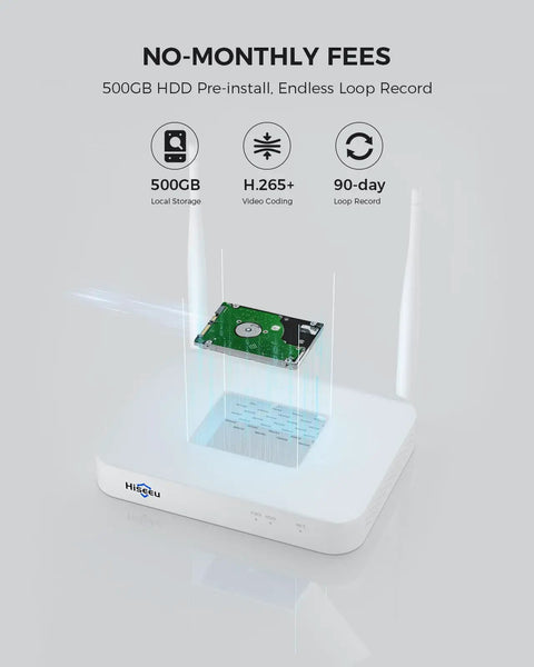 White security camera base station with antennas and exposed 500GB HDD, illustrating storage features and no monthly fees.