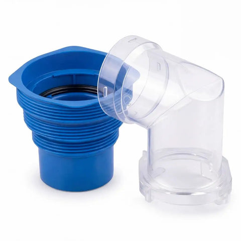 RV Sewer Hose Elbow 4-In-1 Adapter With Odor Tight Gasket And 360 Degree Swivel, Leakproof RV Fitting For Dump Station Inlets, Universal 3 To 4.5 Inch Inlet Compatibility, Clear See-Through Design, clear plastic elbow with blue threaded inlet