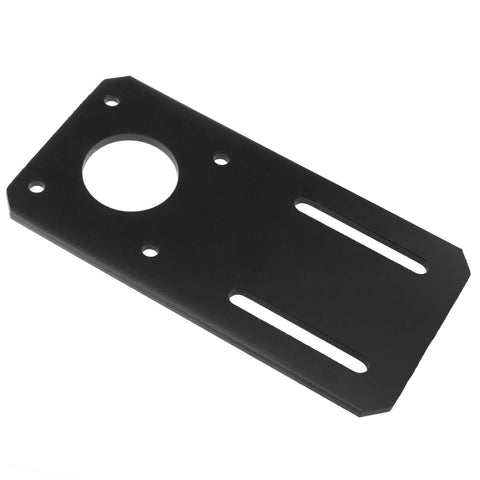 Black 100x50mm motor mounting bracket for NEMA 17 stepper motor with circular hole and two slotted mounting slots
