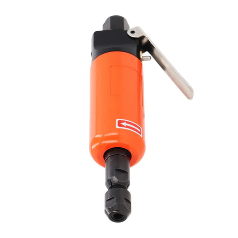 Badass Compact Pneumatic Air Die Grinder With Straight Grip And Ultra Low Vibration For Smooth Polishing Deburring And Sanding Jobs, orange alloy body.