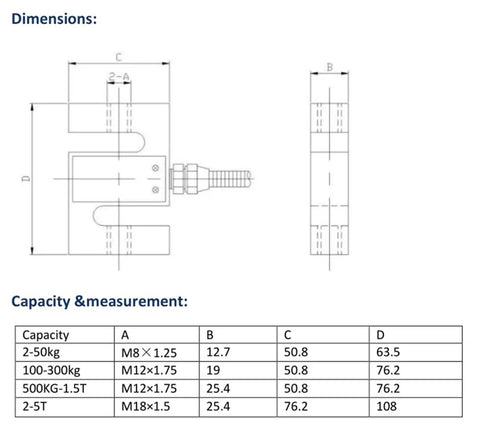 Dual Mode S Beam Load Cell For Compression And Tension Testing Workhorse High Accuracy Force Sensor With Oil Proof And Waterproof Seal 5kg Capacity Hermetically Sealed Ideal For Pressure And Load Measurements dimensions drawing and size chart