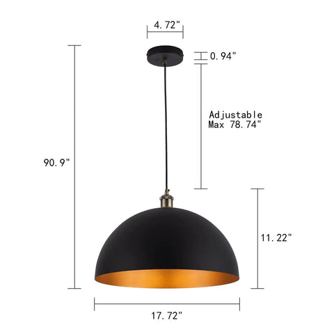 Vintage Industrial Dome Pendant Light With Black And Gold Finish Dope Warm Amber Glow For Kitchen Island Hallway Bedroom Or Farmhouse Chandeliers Edison Style 2000K To 2700K Lighting Fixture, dimensions shown