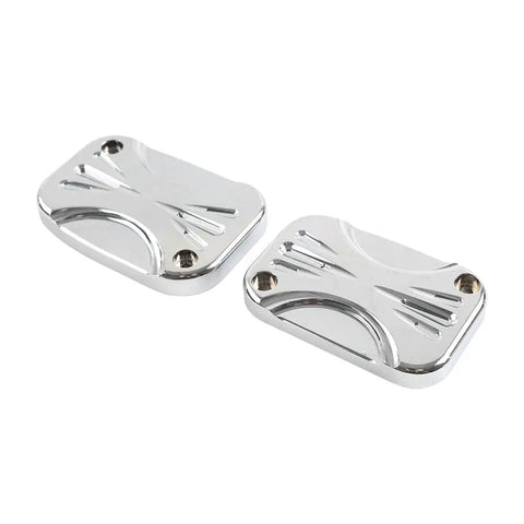 Chrome CNC Brake Fluid Reservoir Cap And Master Cylinder Cover For Harley Electra Glide Road King Street Glide VRod Freewheeler Touring Models 2008 2017 High Quality Replacement, shown with CNC aluminum design and chrome finish.
