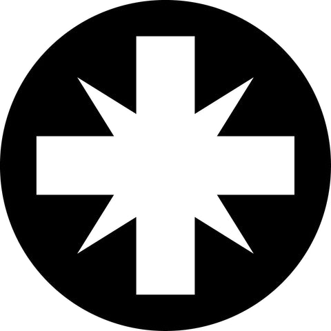 Abstract symbol featuring cross and star shapes in black and white design.