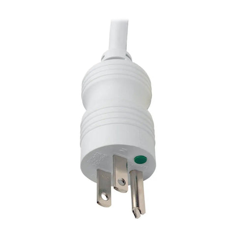 Close-up of a NEMA 5-15P plug from the Medical Grade Power Strip With 4 Hospital-Grade Outlets, 120V, 15 Ft Cord