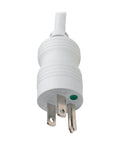 Close-up of white power plug from Medical-Grade Power Strip With Hospital-Grade Outlets, 15 Foot Cord, UL 60601-1 Compliant