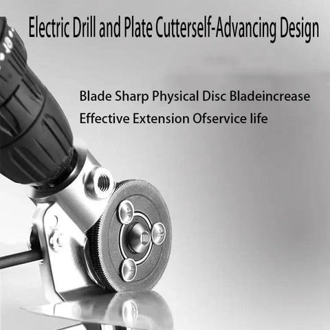 Electric drill with a beefy titanium-coated nibbler attachment for cutting sheet metal