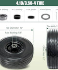 Flat Free 4.10/3.50-4 Tire And Wheel Set, Heavy Duty, 10 Inch Solid Wheel With 2.2 Inch Offset Hub, 5/8 Inch Axle Bore, Black