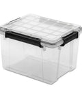 Kickass Heavy Duty 19 Quart Storage Bin With Airtight Gasket Lid Clear Stackable Plastic Crate with secure latches and transparent design.
