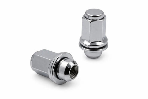 Close-up of 24 Pack Six Lug Nuts For Toyota Lexus Factory Alloy Wheels 14x1.5 Thread Size Closed End With Built In Washer And Thirteen Sixteenth Inch Hex Fits Chevy GMC Cadillac Trucks on white background