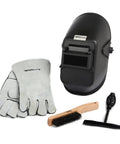 Welder Start Up Kit With Bandit Flip Front Helmet, Leather Welding Gloves, Chipping Hammer With Anti Shock Handle, Plus Carbon Steel Scratch Brush For Beginners Essentials Gear displayed on white background.