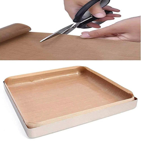 Three Pack 16x24 Inch PTFE Teflon Sheets, 0.11mm Thick, Nonstick Heat Press Sheets shown in use and trimmed with scissors