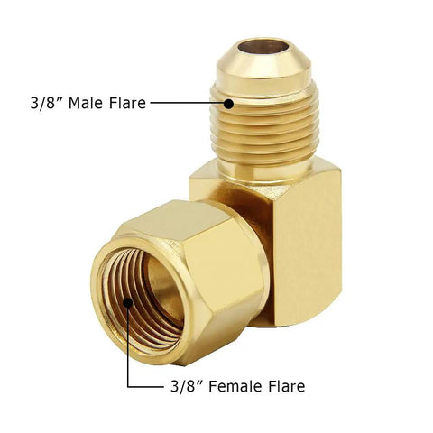 Beefy Brass 90 Degree Flare Elbow Fittings Three Eighths Inch Female Swivel To Three Eighths Inch Male Flare Connectors Heavy Duty Gas Line Fittings For Olympian Low Pressure Heaters Two Pack, 3/8 male flare to female flare brass elbow