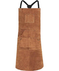 Leather Welding Apron With Flame Resistant Shield And Six Tool Pockets, brown cowhide, front view, heavy duty for welding woodworking.