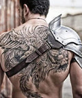 Beefy Steel Armor Pauldron for Gladiator Cosplay and Larp Knight, worn by man with back tattoo, showing handcrafted metal detail.