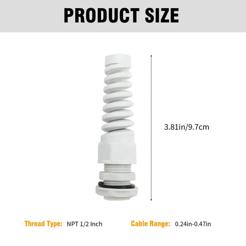 Five Pack NPT Half Inch Waterproof Cable Gland With Flexible Spiral Strain Relief Nylon Body For 6 To 12mm Wires