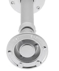 Beefy Aluminum Table Leg Bracket With Adjustable Height Pedestal For RVs Yachts Boats Motorhomes And Marine Caravans 19.3 To 31.8 In Height Mount Base Heavy Duty Construction Smooth Stepless Height Control For Marine Use, close-up of mounting base.