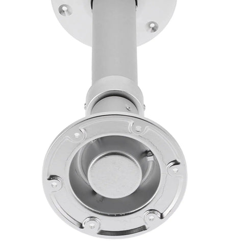 Beefy Aluminum Table Leg Bracket With Adjustable Height Pedestal For RVs Yachts Boats Motorhomes And Marine Caravans 19.3 To 31.8 In Height Mount Base Heavy Duty Construction Smooth Stepless Height Control For Marine Use, close-up of mounting base.