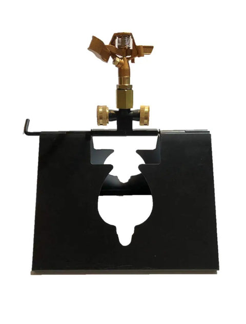 Serious Rooftop Fire Defense Sprinkler System That Stops Wildfire Embers Cold With Massive Coverage For 3300 Square Feet To Keep Your Property Safe From The Flames With Compact Tucks Away Design That Fits Almost Any Roof And Is Truly A Real Flame, showing black base with a brass sprinkler head.