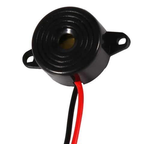 Close-up of DC 3 To 24V Piezo Buzzer Alarm with 100mm cable, showing transducer and mounting holes
