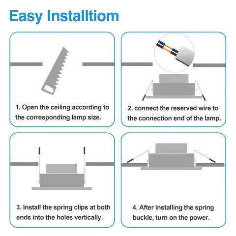 Easy installation guide for Slick 7Pack LED Recessed Downlight showing steps for ceiling mount and wiring.