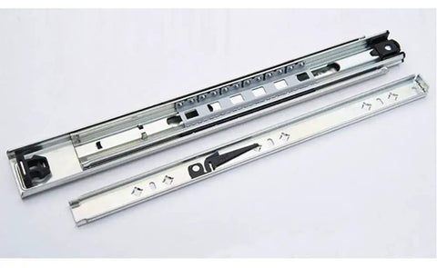 Heavy Duty Full Extension Ball Bearing Drawer Slides Three Section Cabinet Pull Out Tracks Silver Finish showing smooth glide rails.