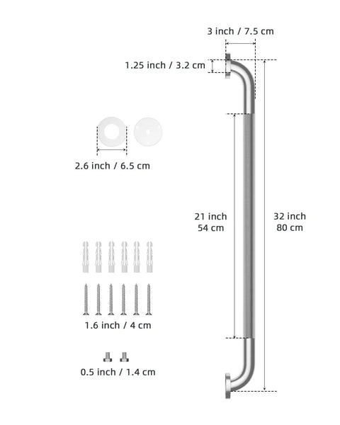 32 Inch Anti Slip Shower Grab Bar With Satin Brushed Nickel Finish And Knurled Middle For Superior Grip Stainless Steel Safety Hand Rail For Bathroom Support Handicap Elderly Senior Assist Non Slip Bath Handle shown with dimensions and mounting hardware