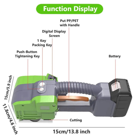 Portable 2 In 1 Electric Strapping Machine With Automatic Welding Tensioner And Cutter For 1/2 To 5/8 Inch PP PET Tape showing function display and controls.